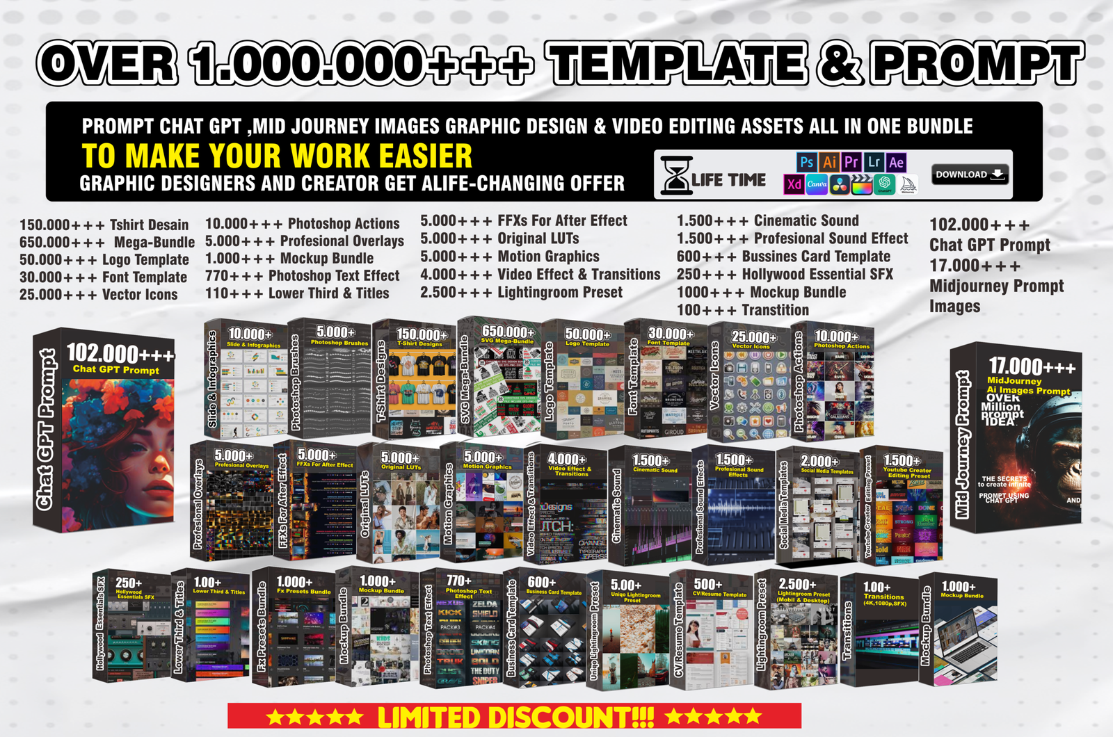OVER 1.000.000+++ The Best Bundle Graphic Design & Video Editing Asset Prompt Chat GPT & Midjourney//Videos Tutorials Tips and Tricks Course For Creating Amazing Work Using Ai, In Just Minutes Without Design Skills